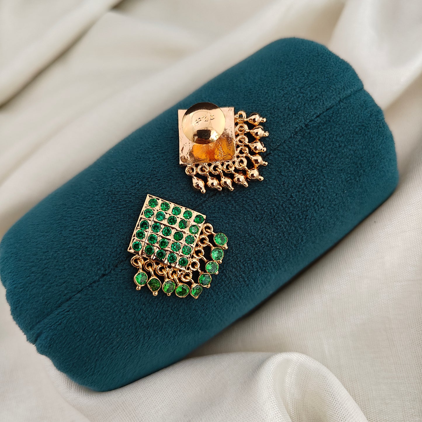 92.5 silver square design hand made jewellery and green stones earrings -RCK344