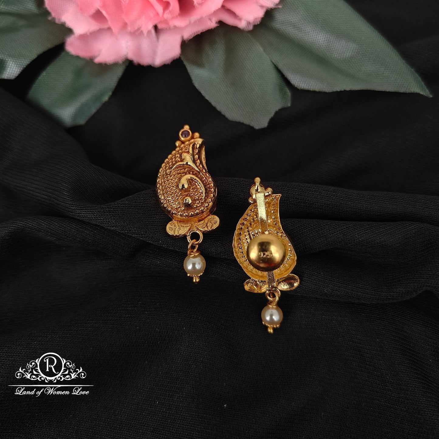 92.5 silver simple and Cute nakshi earrings with pearl hangings-RCZ93