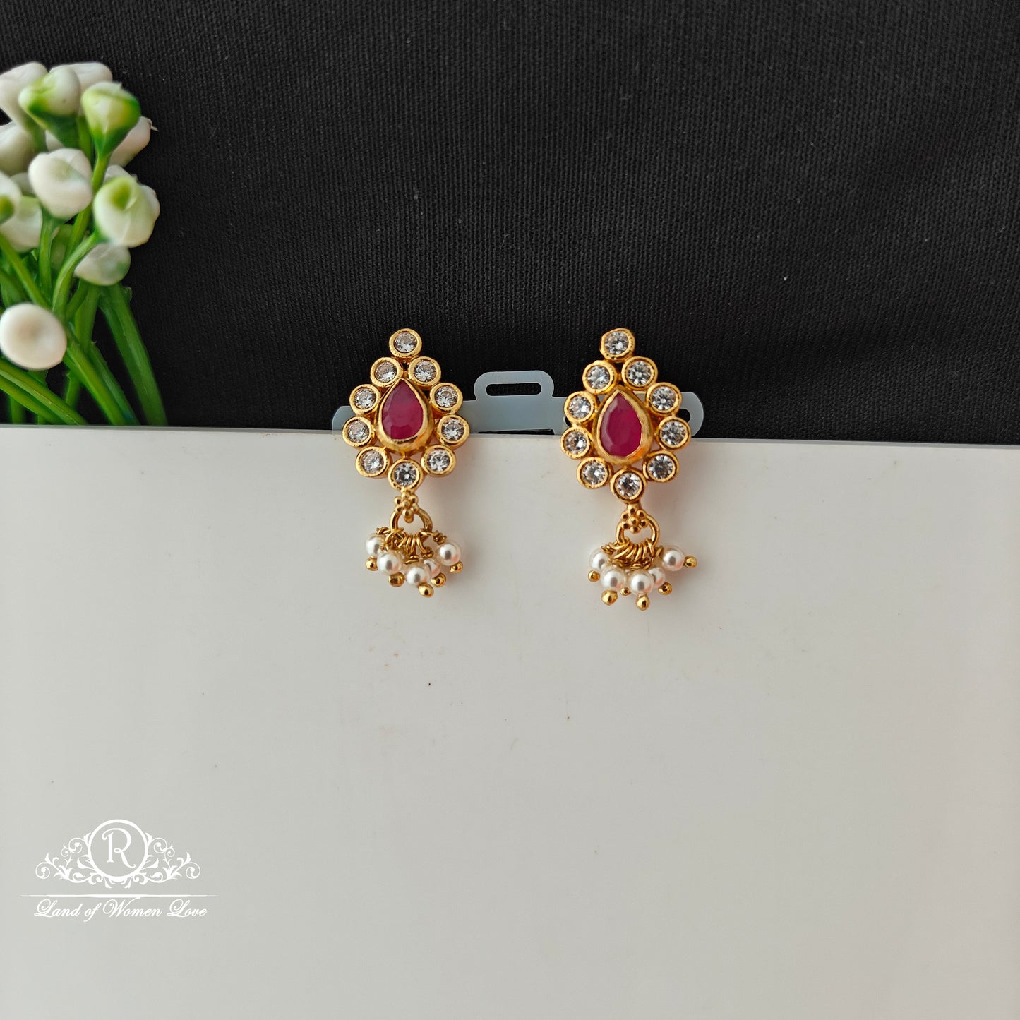 92.5 Silver White With Ruby stone Earrings-RCCP522