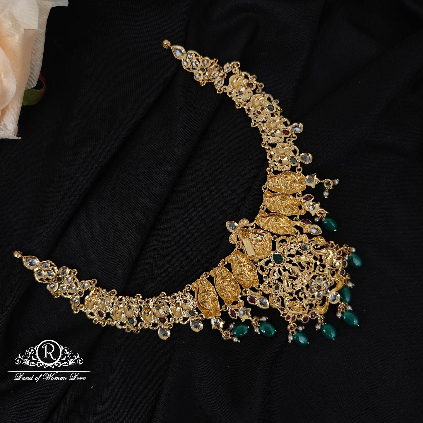 92.5 silver Lakshmi Devi with peacock design necklace with green beads hangings-RCMB043