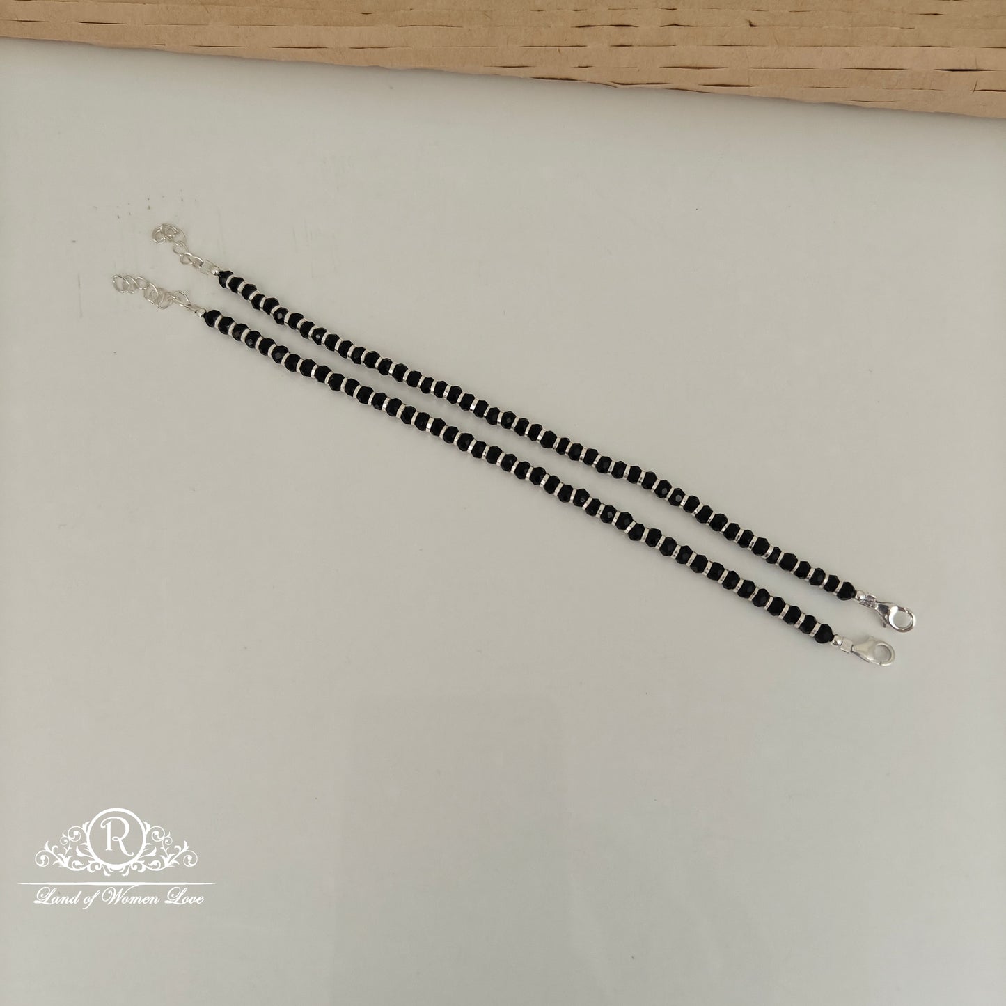 92.5 SILVER LIGHT WEIGHTBLACK BEADS ANKLETS-RCVC007