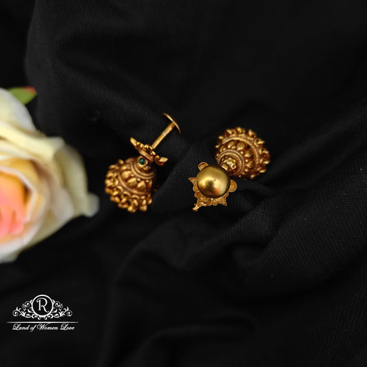 92.5 silver ruby stone earrings with nakshi finishing and gold balls hangings-RCP237