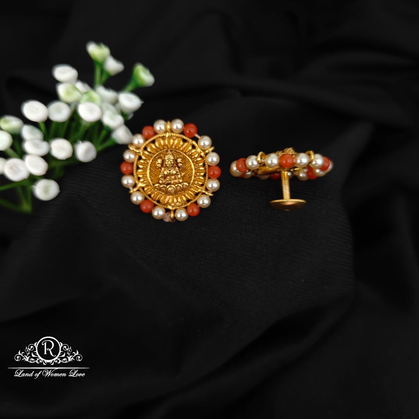 92.5 SILVER LAKSHMI DEVI WITH PEARLAND CORAL ROUND STUDS-RCJR1084