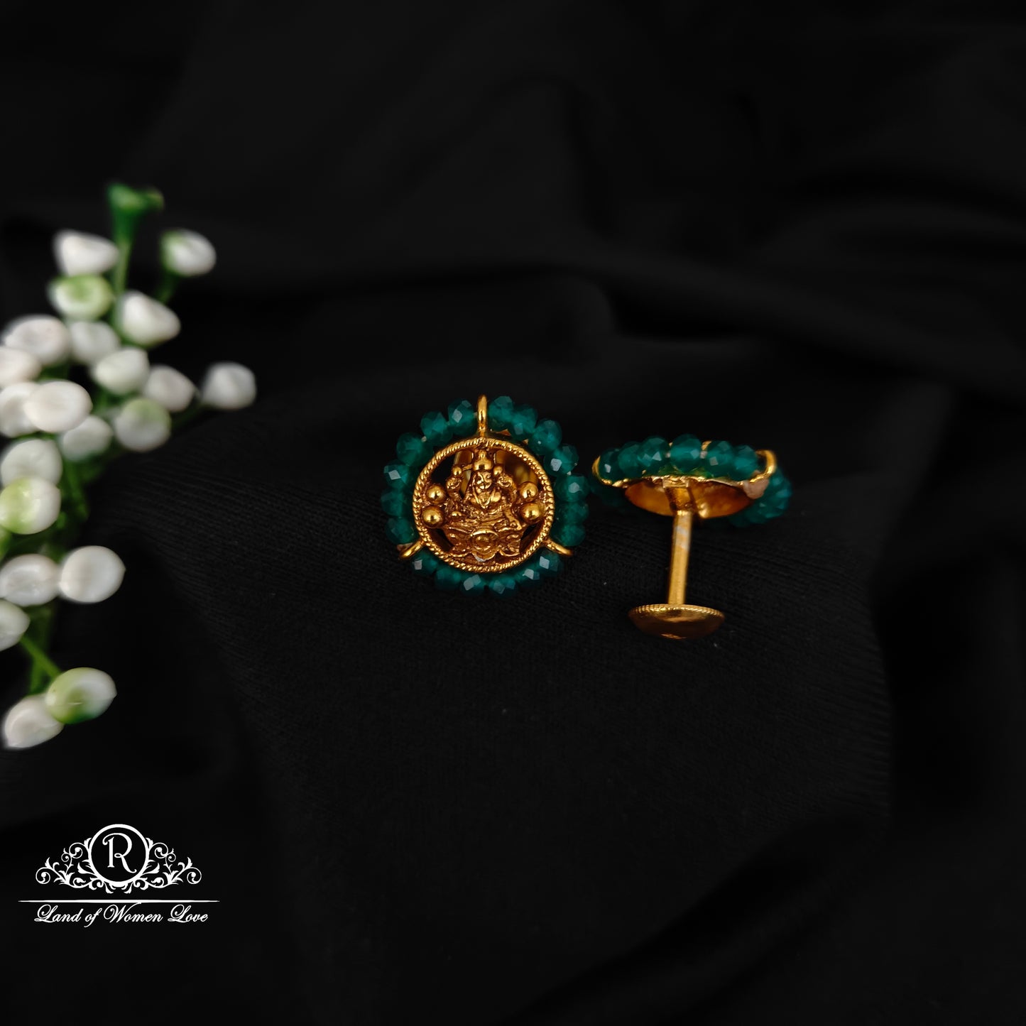 92.5 SILVER GREEN BEADS WITH LAKSHMI DEVI ROUND STUDS-RCJR1090