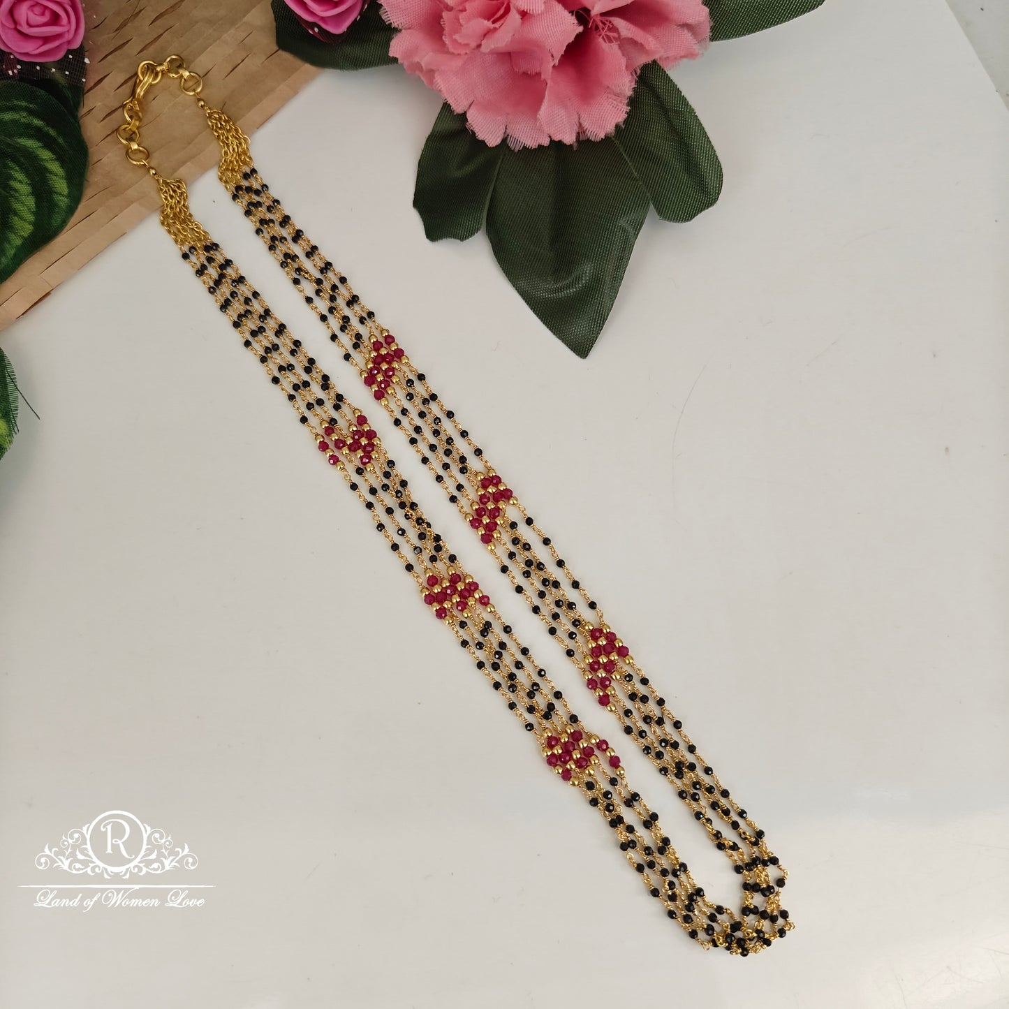 92.5-SILVER RUBY BLACK BEADS CHAIN-RCNJ053