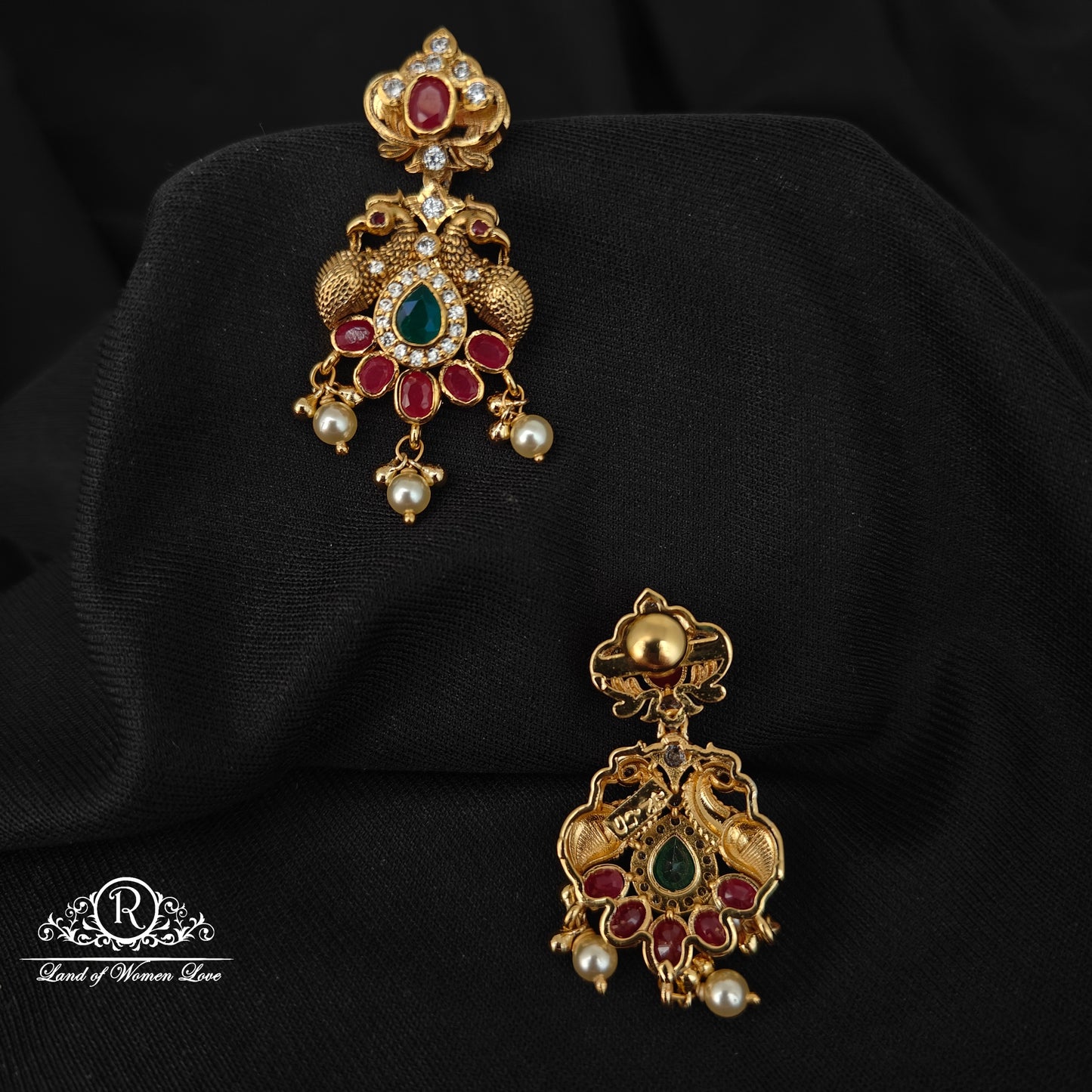 92.5 silver ruby stone chandbali earrings with pearls hangings-RCMB053