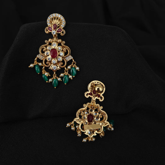 92.5 silver ruby stone chandbali earrings with green hangings-RCMB051