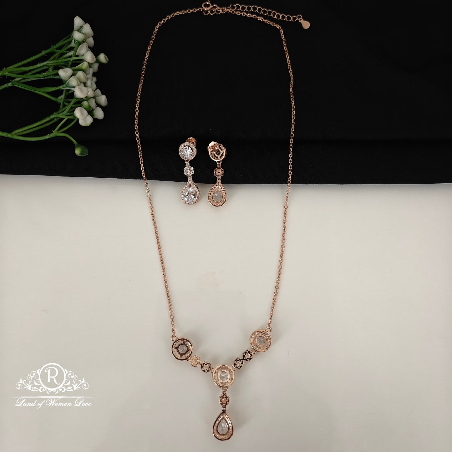 92.5 SILVER ROSE GOLD NECKLACE WITH EARRINGS-RCG361-1