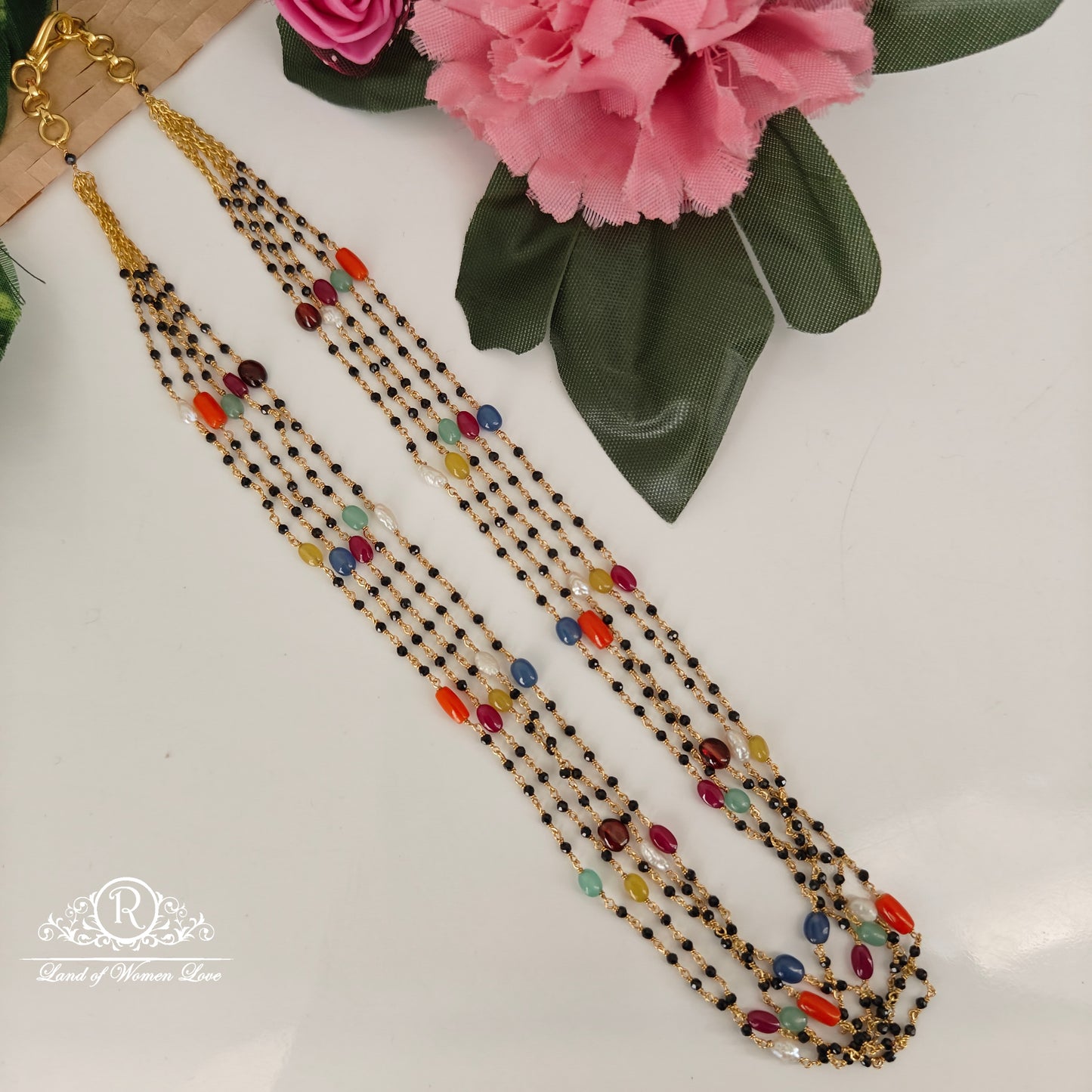 92.5-SILVER NAVARATNA BLACK BEADS CHAIN-RCNJ060