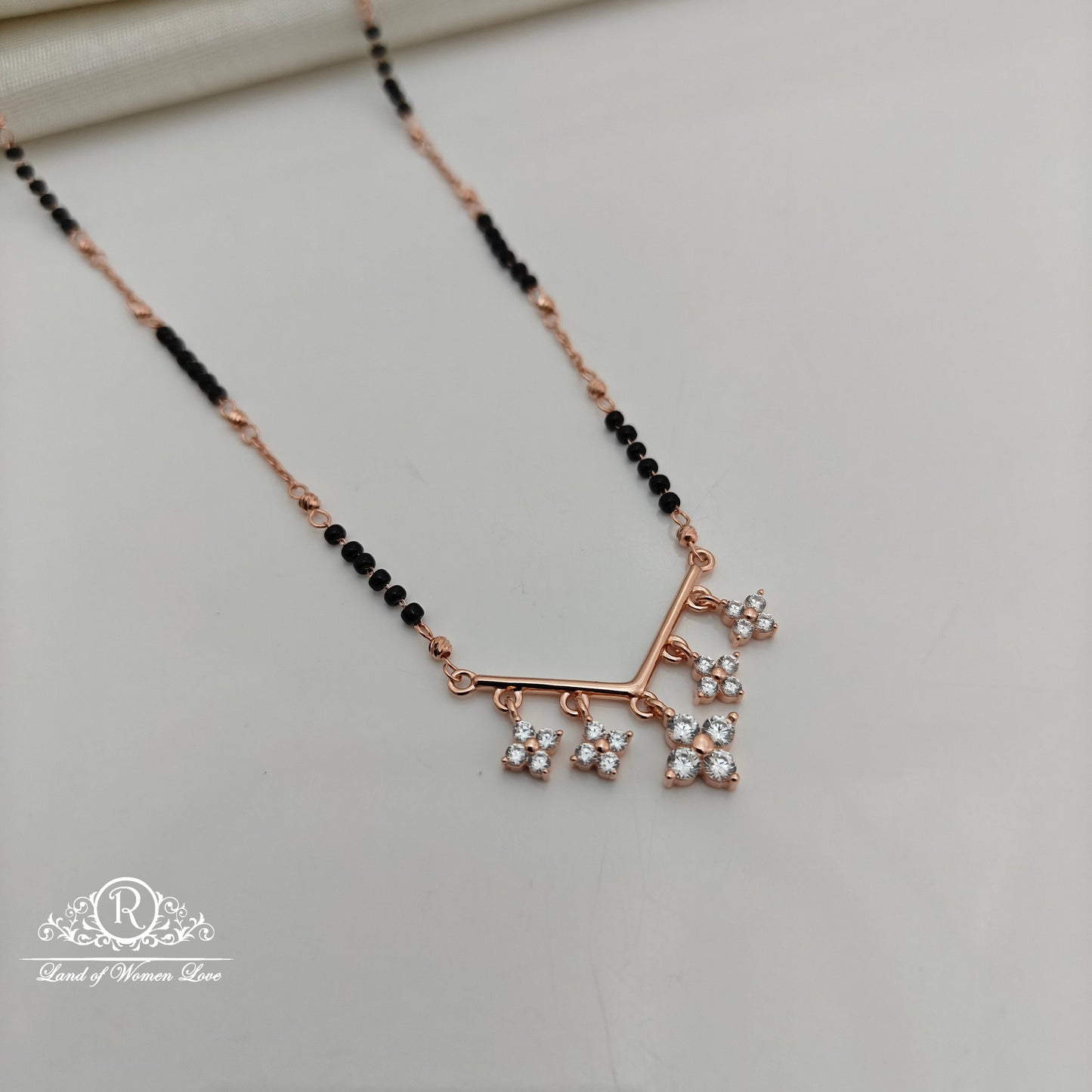 92.5 Silver Rose Gold Polish Black Beads Chain-RCSS006