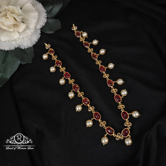 Silver Kempu Stones With Pearls Necklace-D023