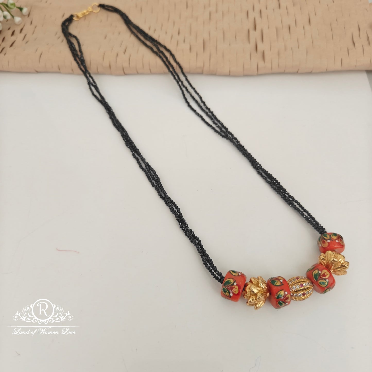 92.5 SILVER BLACK BEADS WITH CORAL AND NAKSHI BALLS CHAIN -RCH1066