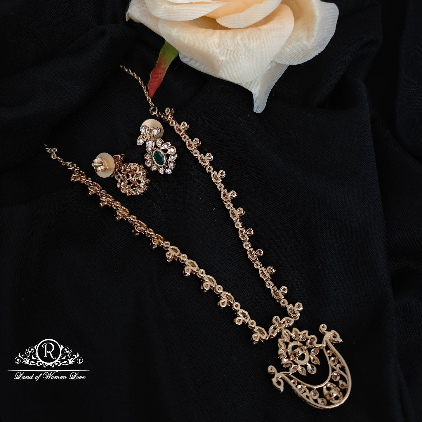 92.5 silver rose gold polish peacock design necklace with earrings set -RCP241