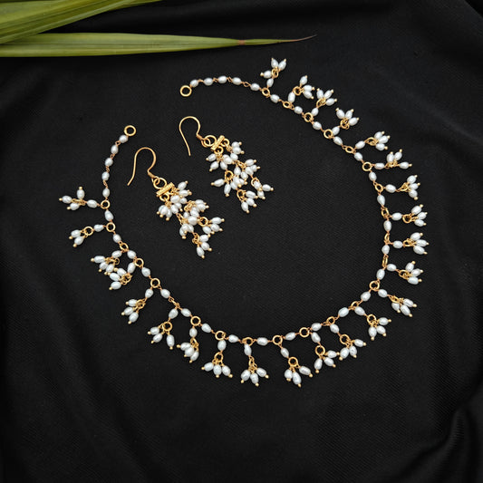 92.5 Silver with gold polish Rice pearls necklace with earrings-RCH1273