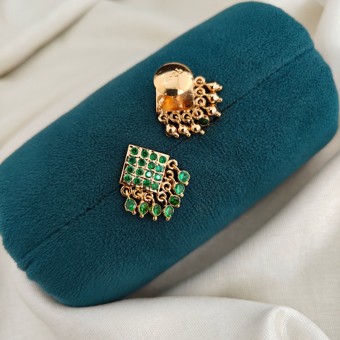 92.5 silver square design hand made jewellery and green stones earrings-RCK344-1