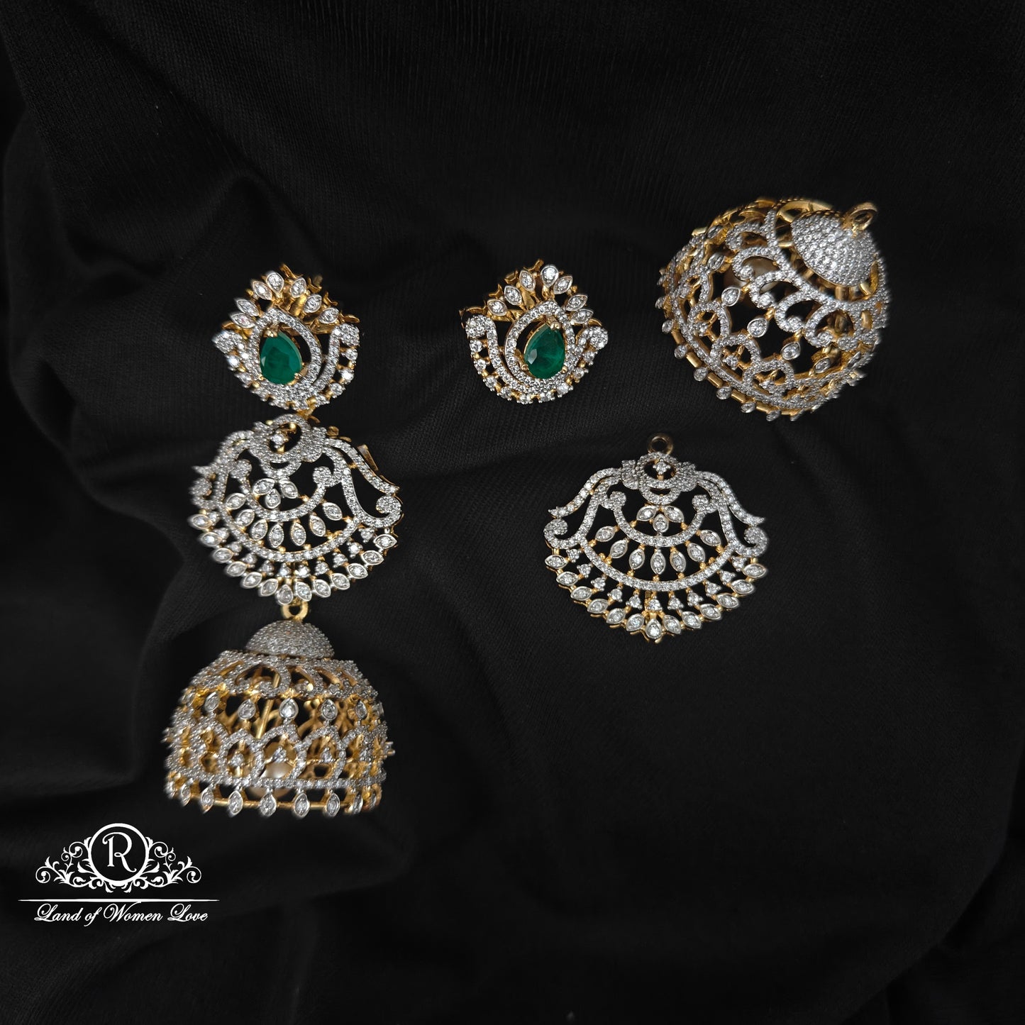 92.5 SILVER DIAMOND FINISHING 3 PC MODEL DETACHABLE EARRINGS JUMKAS-RCZP017