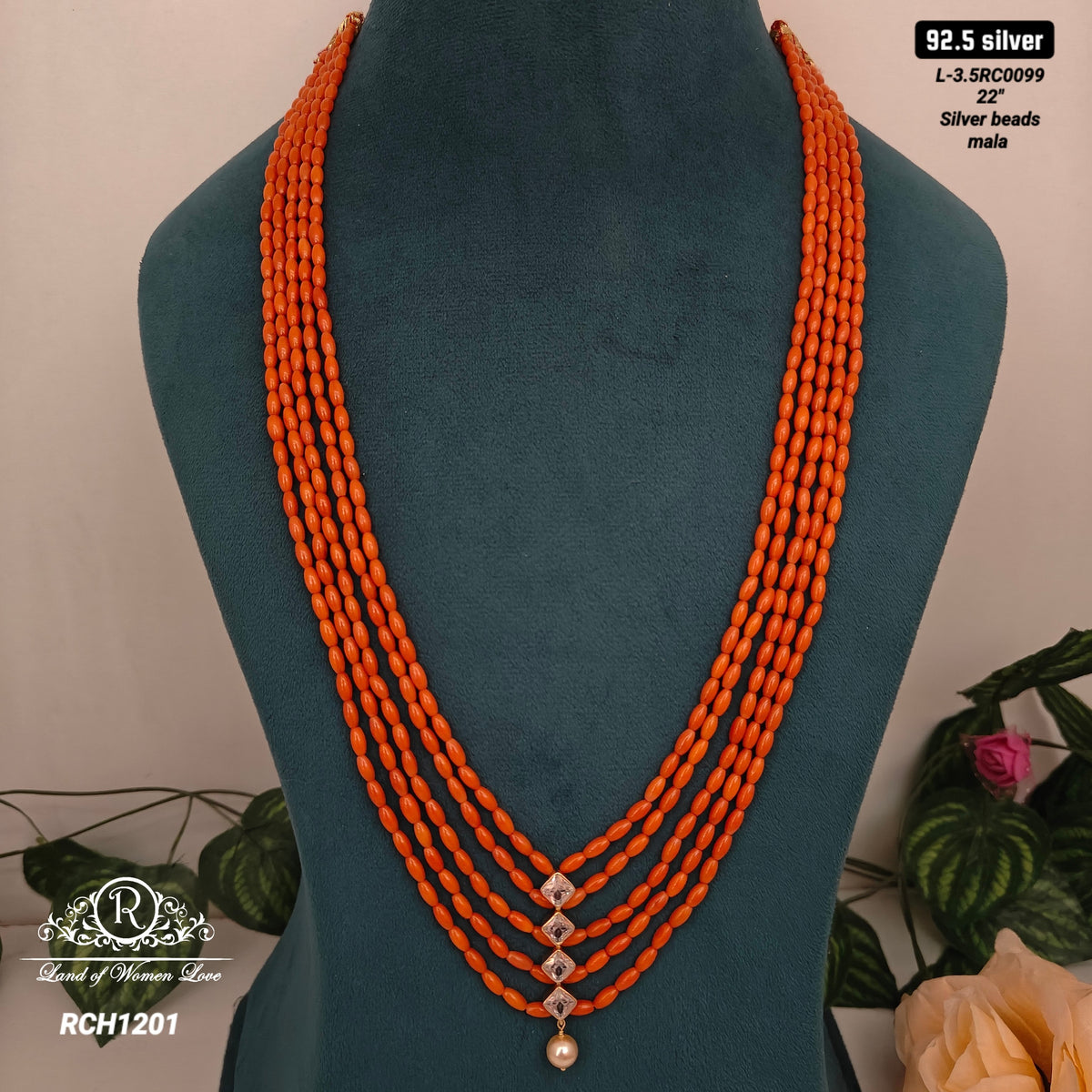 92.5 silver coral beads mala with locket -RCH1201