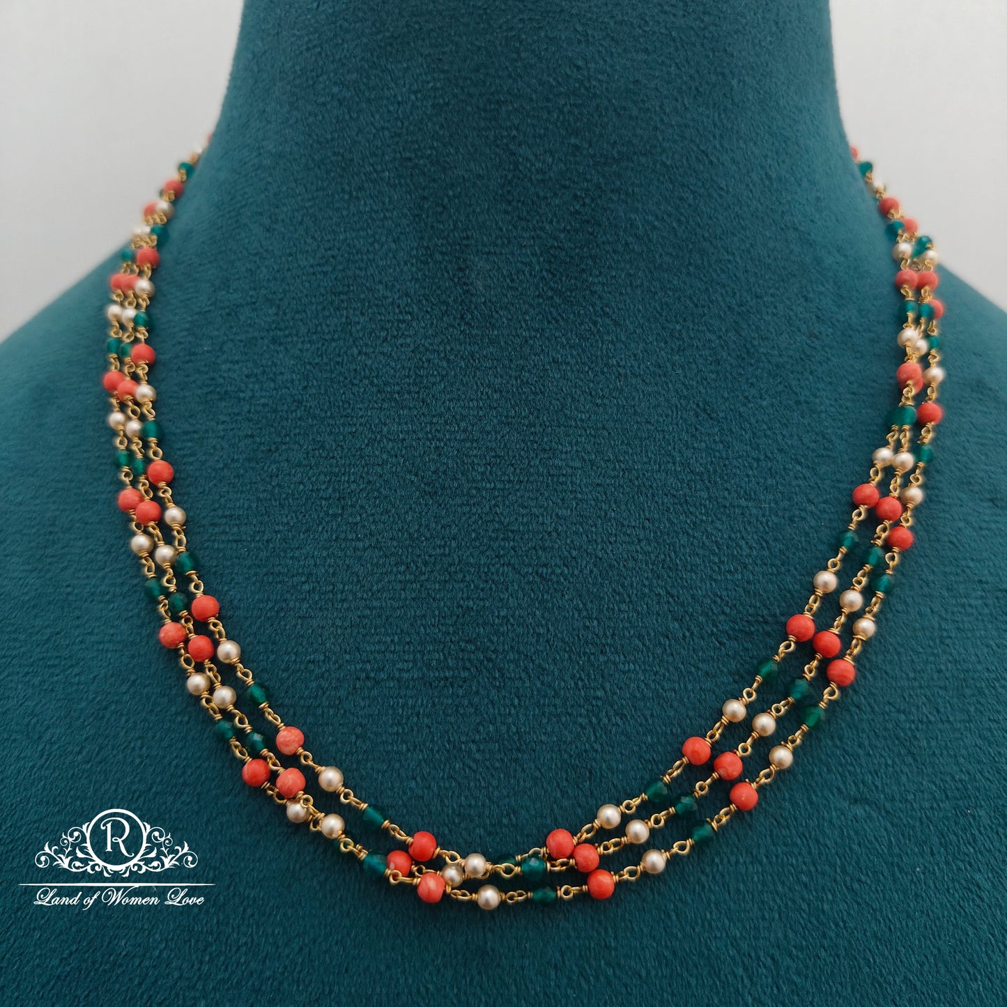 92.5 silver beads chain with corals and pearls and green beads -RCMJ291