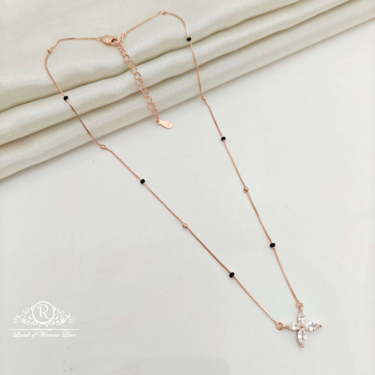 92.5 Silver Rose Gold Polish Black Beads Chain-RCSS004