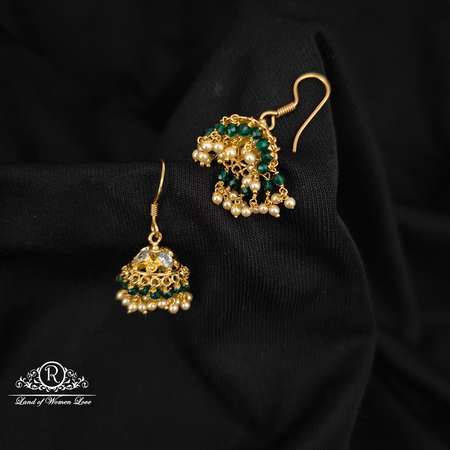 92.5 silver hanging Jumkas with pearl and green beads hangings-RCBH010-1