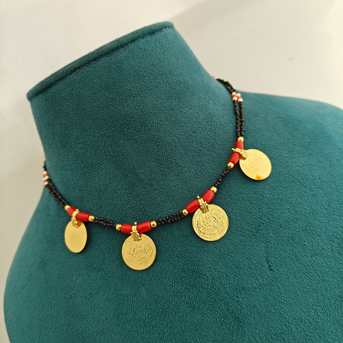 92.5 silver Black Beads with Lakshmi Devi design kasu lockets and coral beads-RCH1391