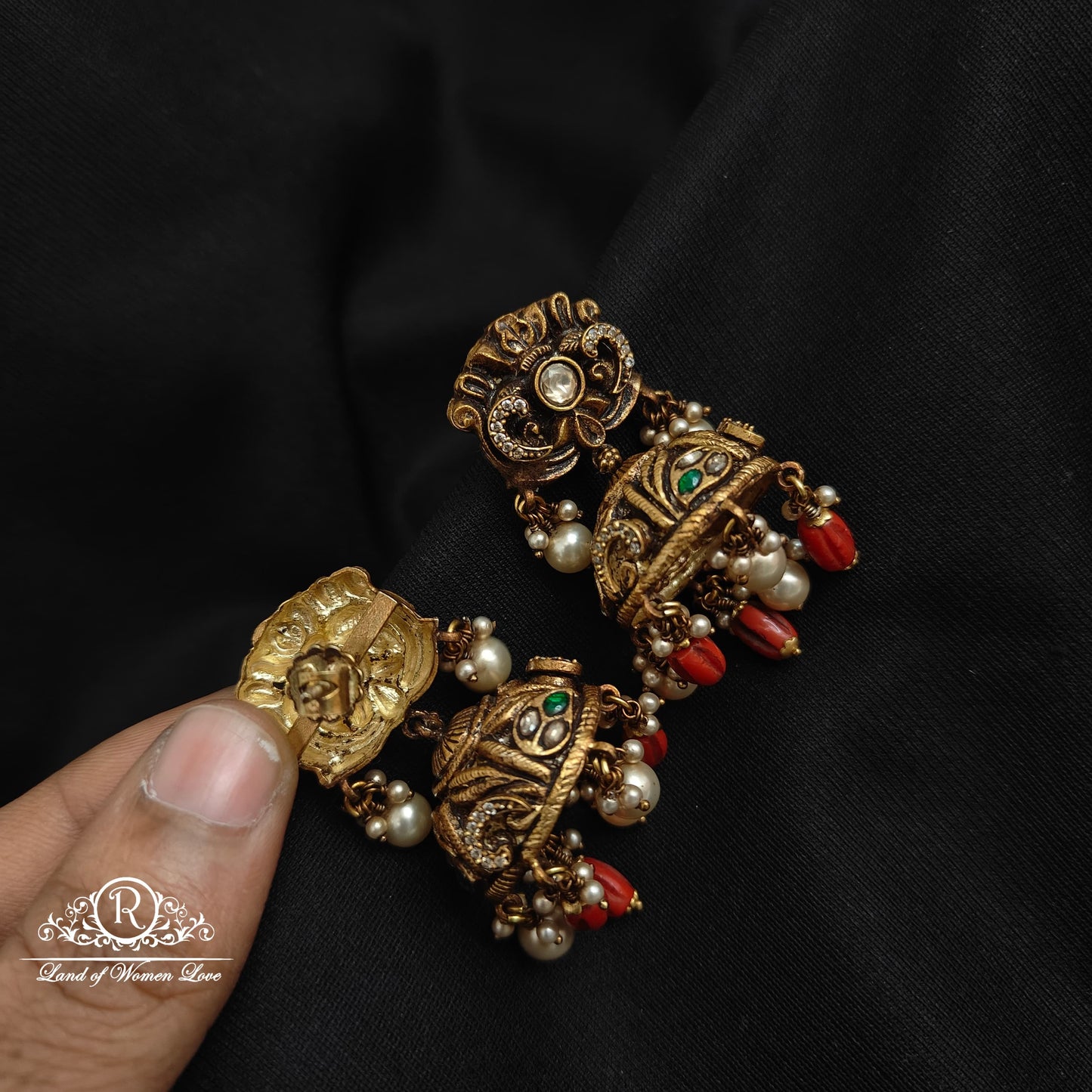 92.5 Silver Nakshi jhumkas with Corals-RCM1127