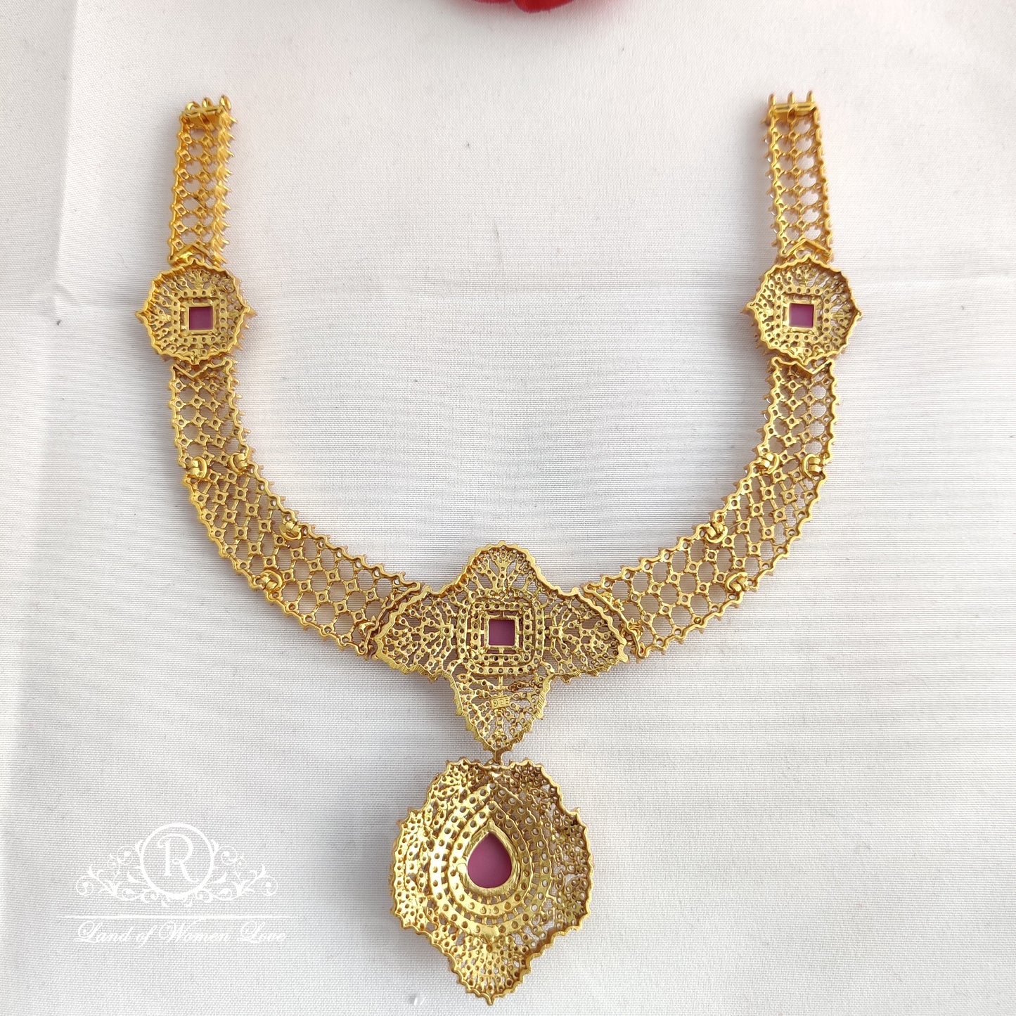 92.5 Silver Necklace With Rubies And Diamond Look Finish:RCV136