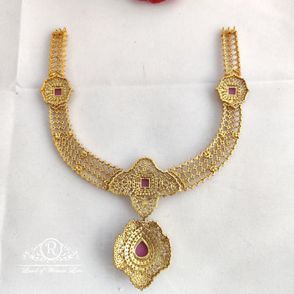 92.5 Silver Necklace With Rubies And Diamond Look Finish:RCV136