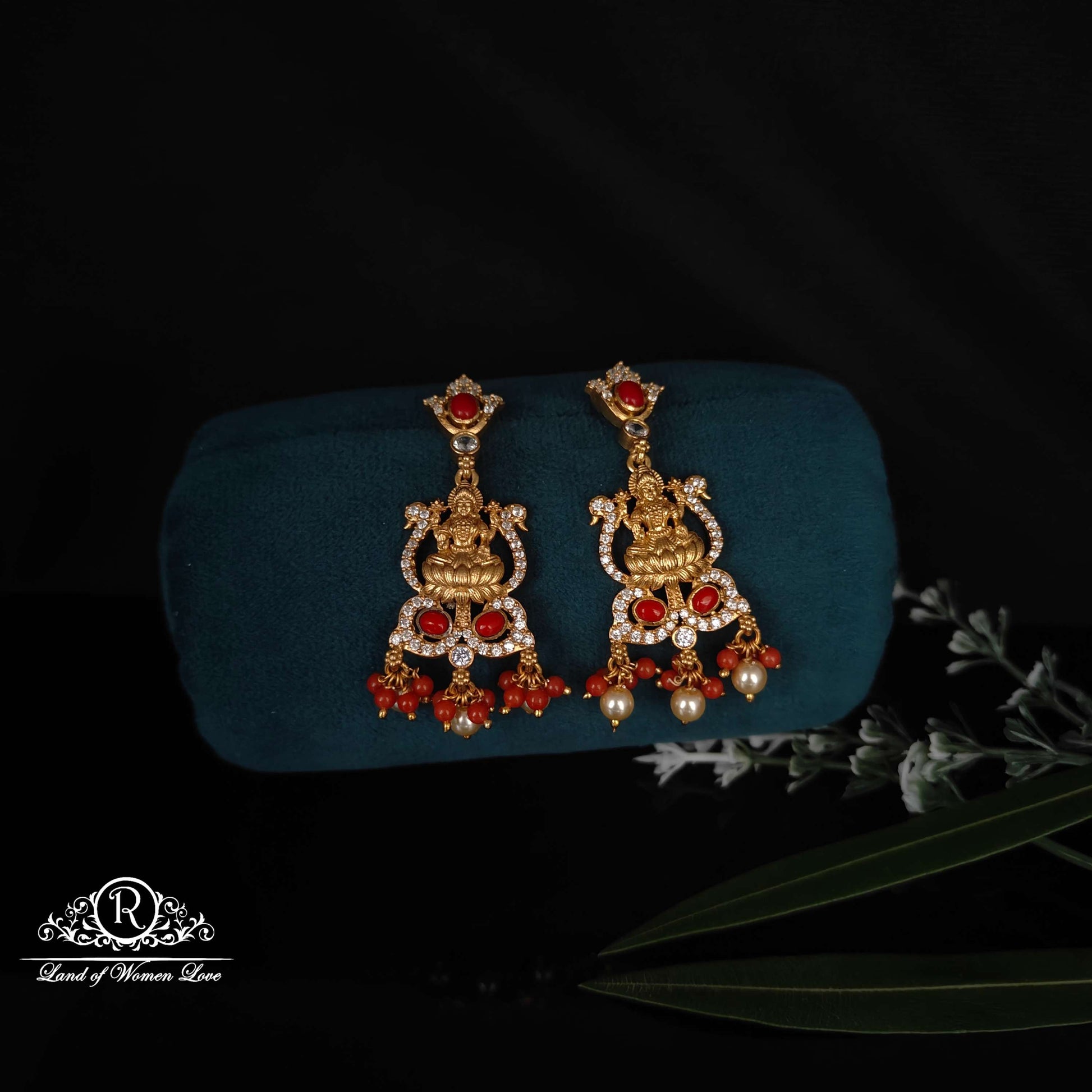 earrings lakshmi devi design corals earrings-rcm992 92.5 silver ramala jewelry / ramala collections