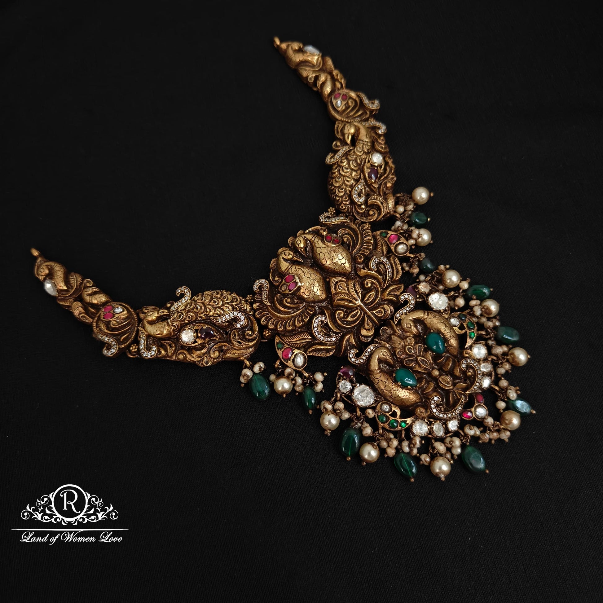 necklace 92.5 silver peacock design polki and kundans necklace-rcm1124 polki 92.5 silver ramala jewelry / ramala collections