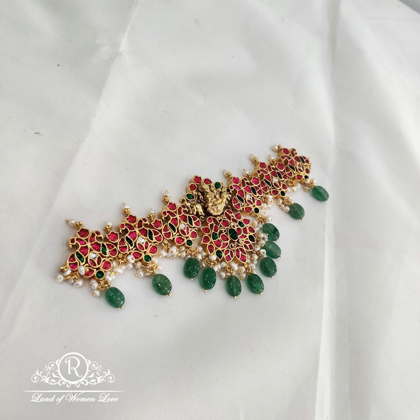 92.5 Silver Jewelry kempu multi stones with green Pearls neck piece RCW002