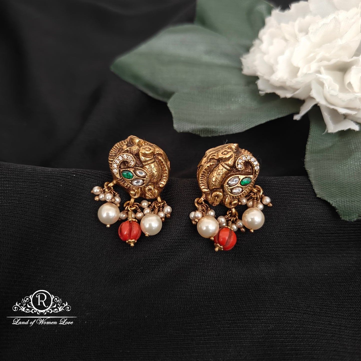 earrings 92.5 silver nakshi peacock design earrings-rcm1046 coral 92.5 silver ramala jewelry / ramala collections
