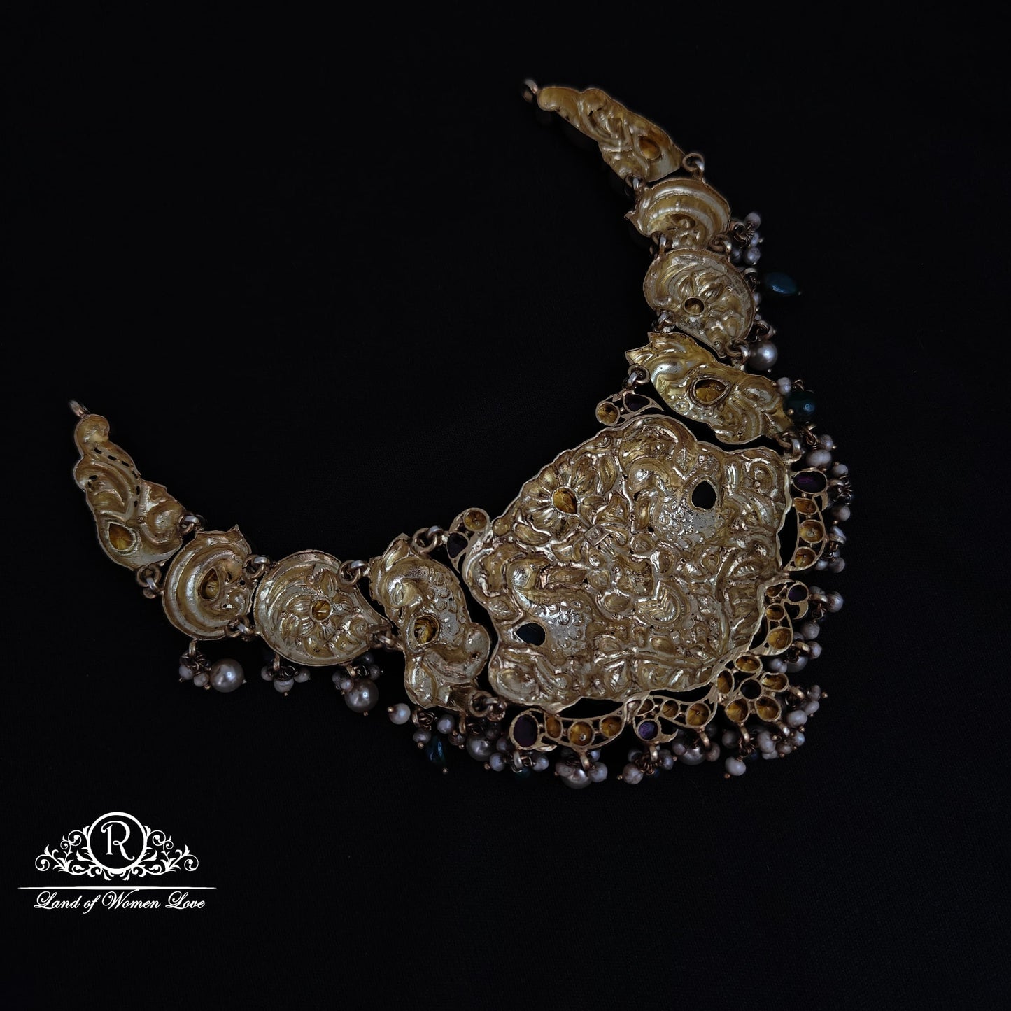 92.5 Silver peacock Design nakshi polki Necklace-RCM1122