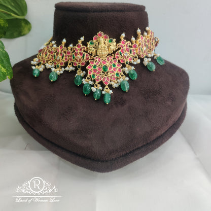 92.5 Silver Jewelry kempu multi stones with green Pearls neck piece RCW002