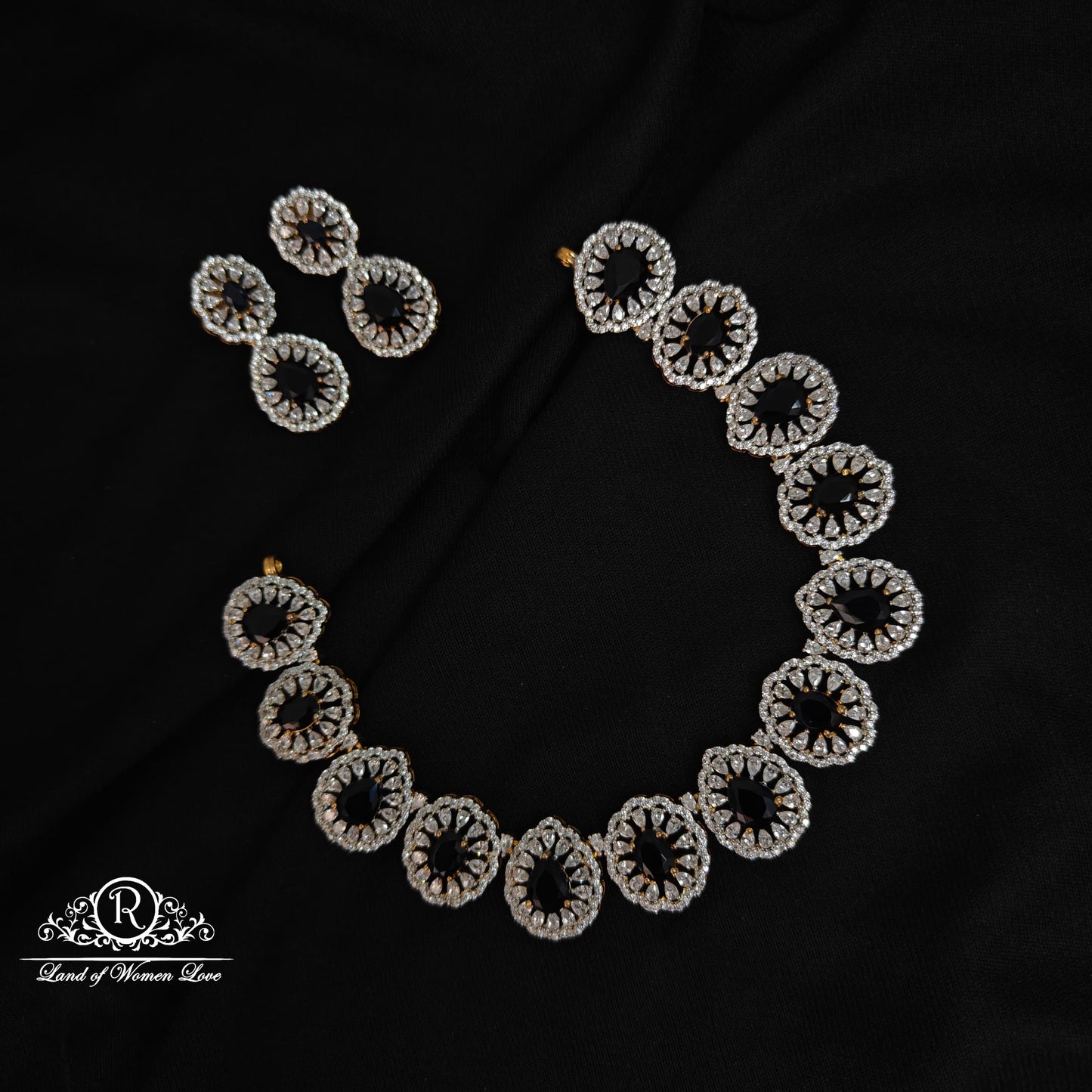 earrings 92.5 silver diamond finishing black stone necklace set 92.5 silver ramala jewelry / ramala collections