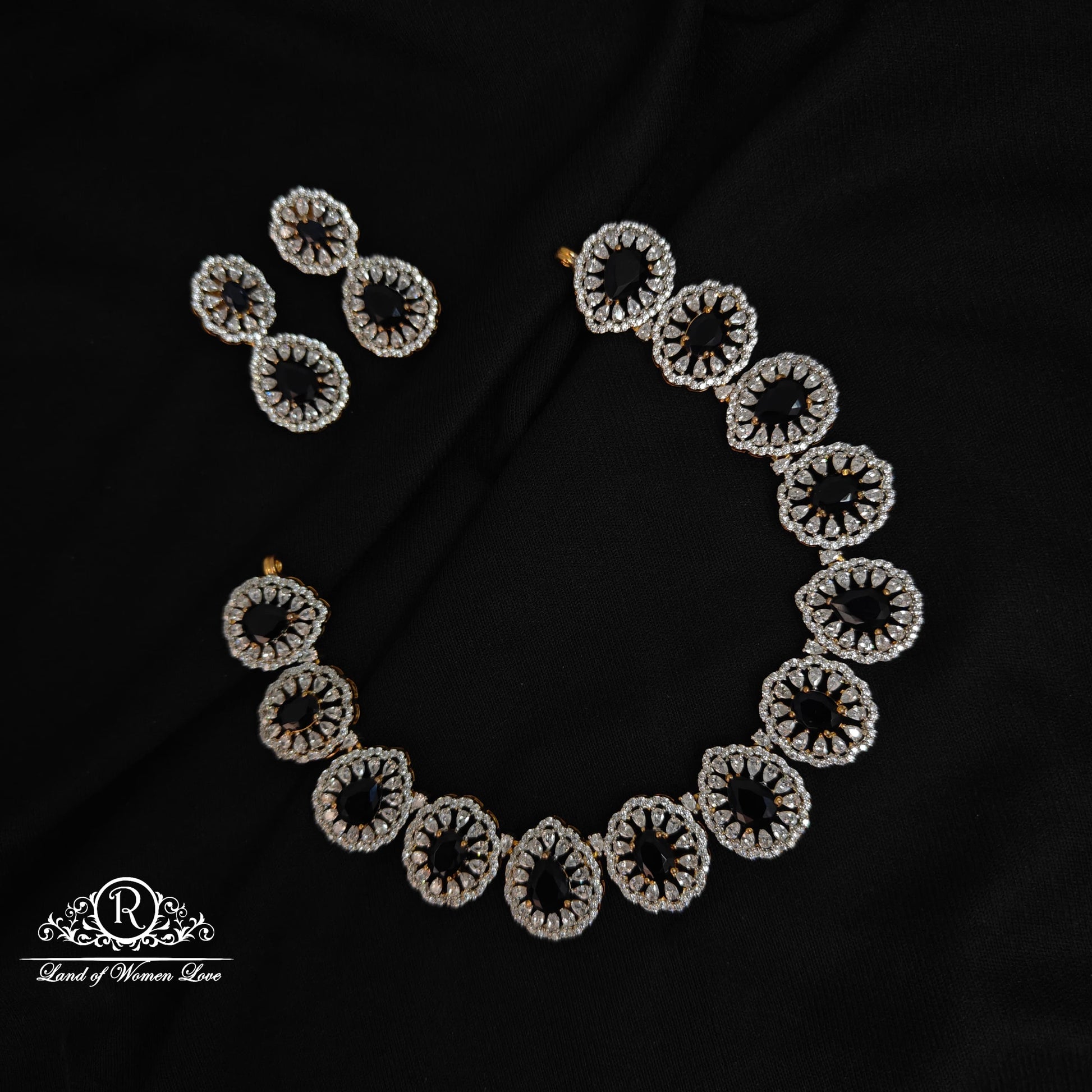 earrings 92.5 silver diamond finishing black stone necklace set 92.5 silver ramala jewelry / ramala collections