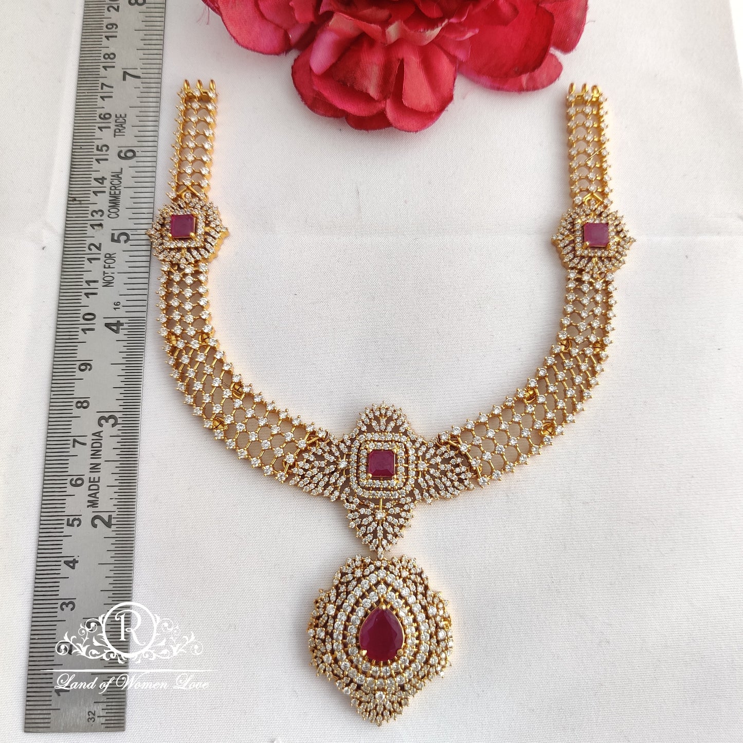 92.5 Silver Necklace With Rubies And Diamond Look Finish:RCV136