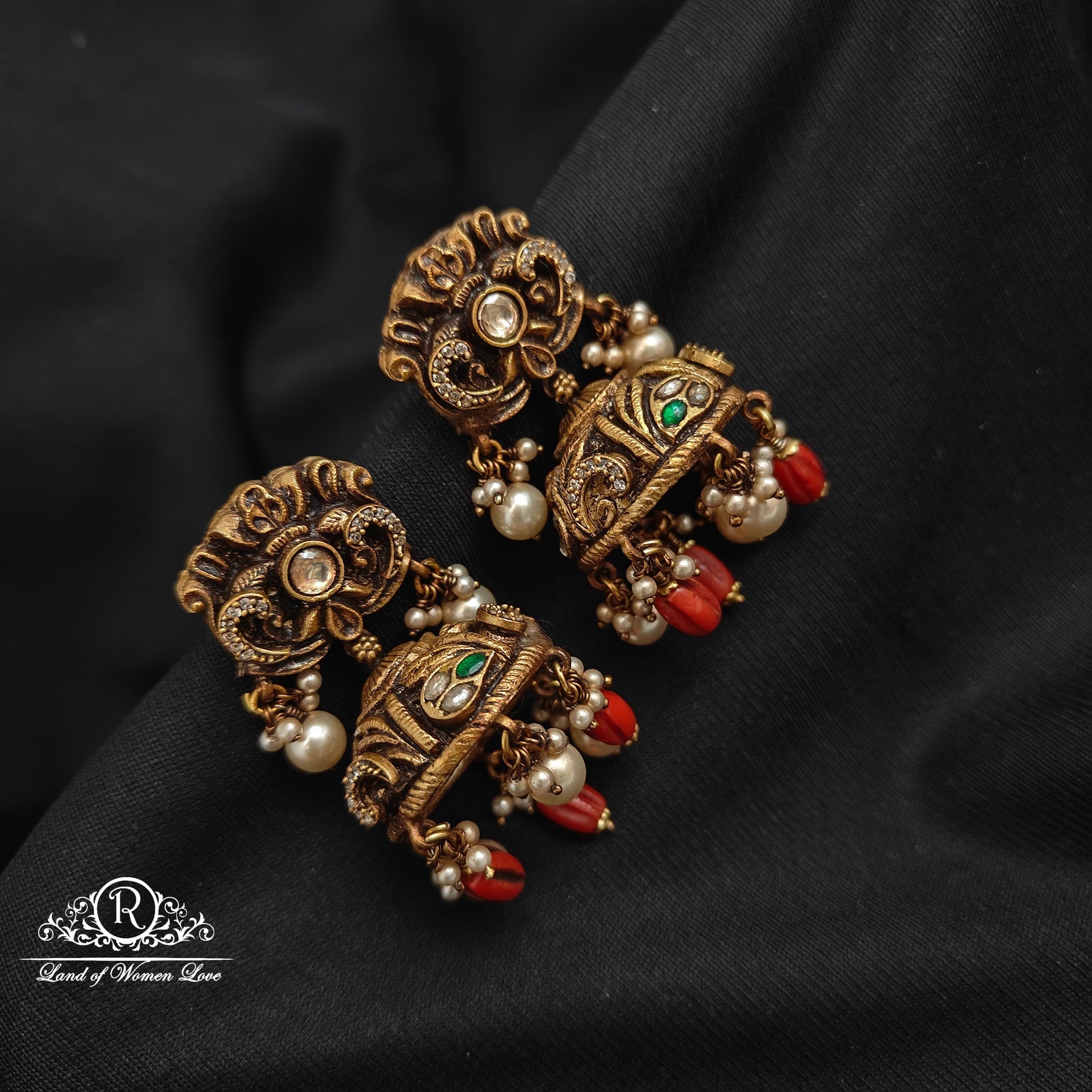 earrings 92.5 silver nakshi jhumkas with corals-rcm1127 92.5 silver ramala jewelry / ramala collections