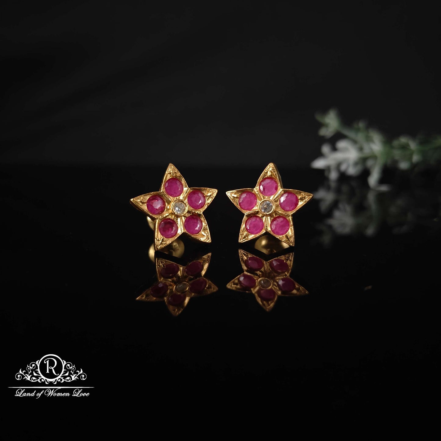 stud flower design pink stones silver studs-rcm1033 92.5 silver ramala jewelry / ramala collections