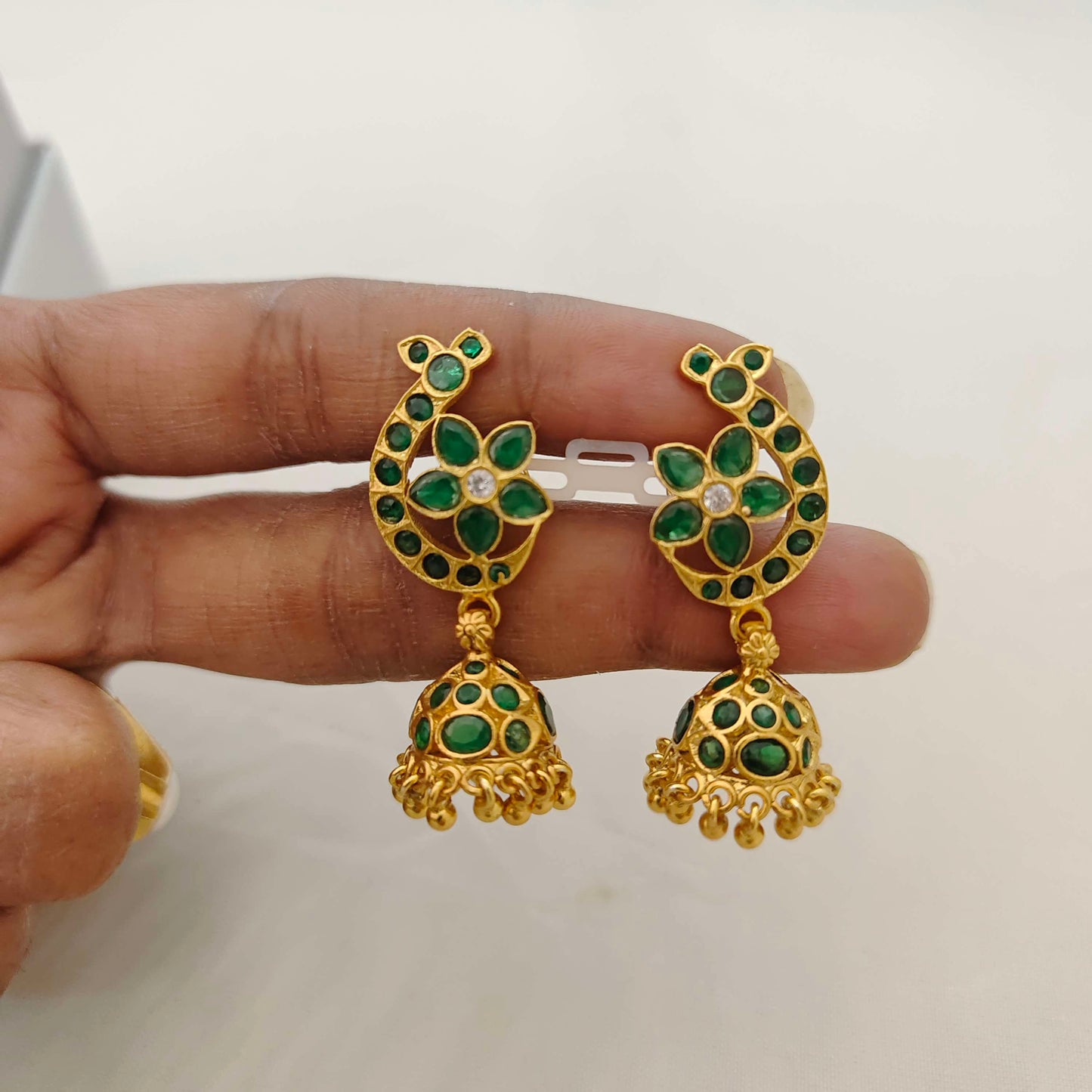 Silver green stone jhumkas -RCC054