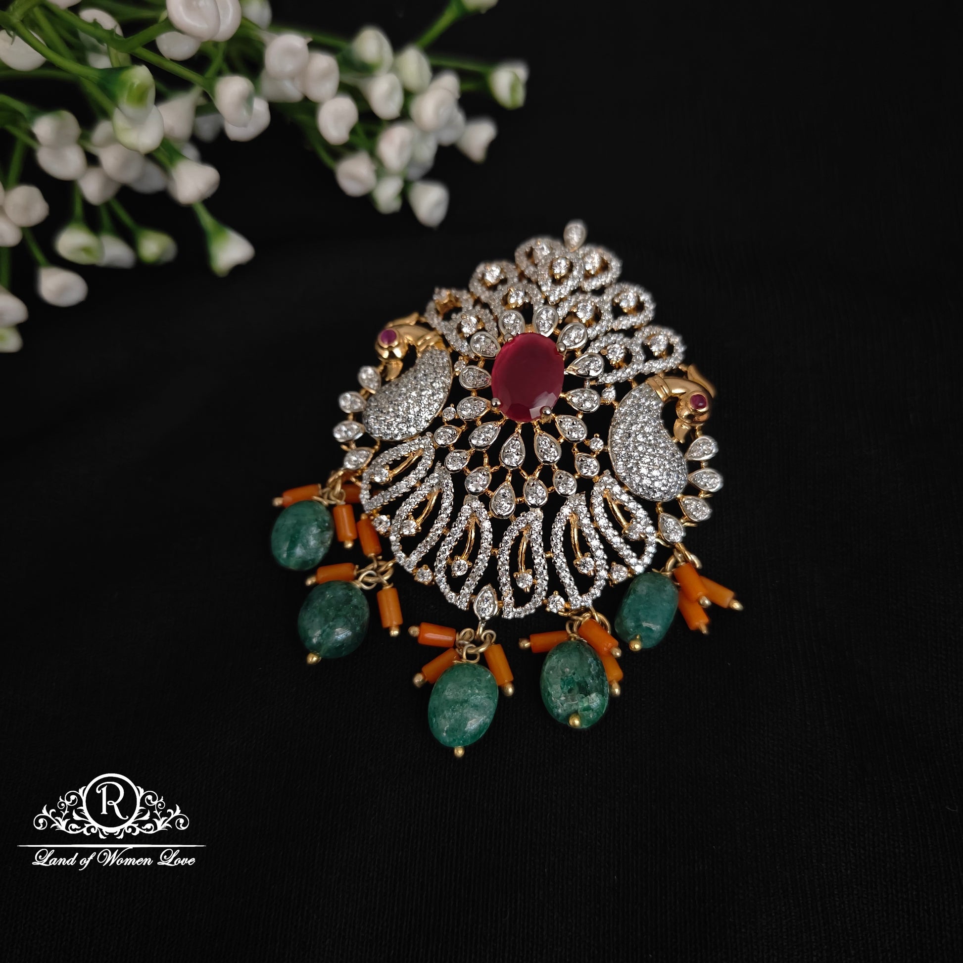 pendant silver peacock design cz-'s stone pendant -rcnj007 coral 92.5 silver ramala jewelry / ramala collections