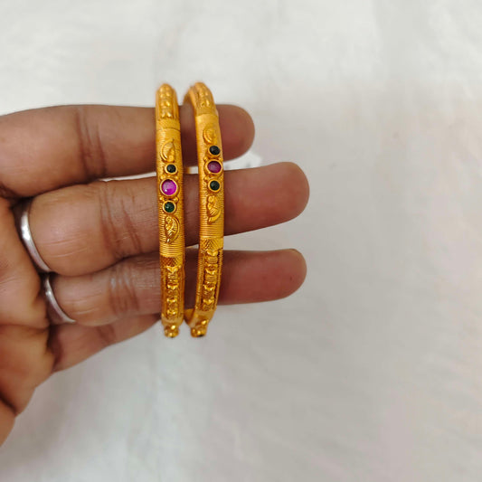 Silver Base Gold Polish Design Bangles-RCH511