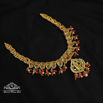 92.5 Silver Lakshmi Devi and Mango design corals Necklace-RCM1136