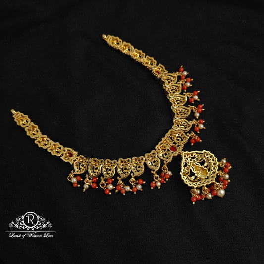 92.5 Silver Lakshmi Devi and Mango design corals Necklace-RCM1136