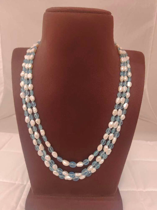 natural blue aquamarine smooth nuggets with pearl 3 line beads mala-rcmb16 pearl 92.5 silver ramala jewelry / ramala collections