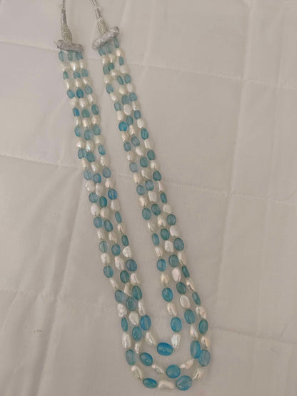 Natural Blue Aquamarine Smooth Nuggets With Pearl 3 Line Beads Mala-RCMB16