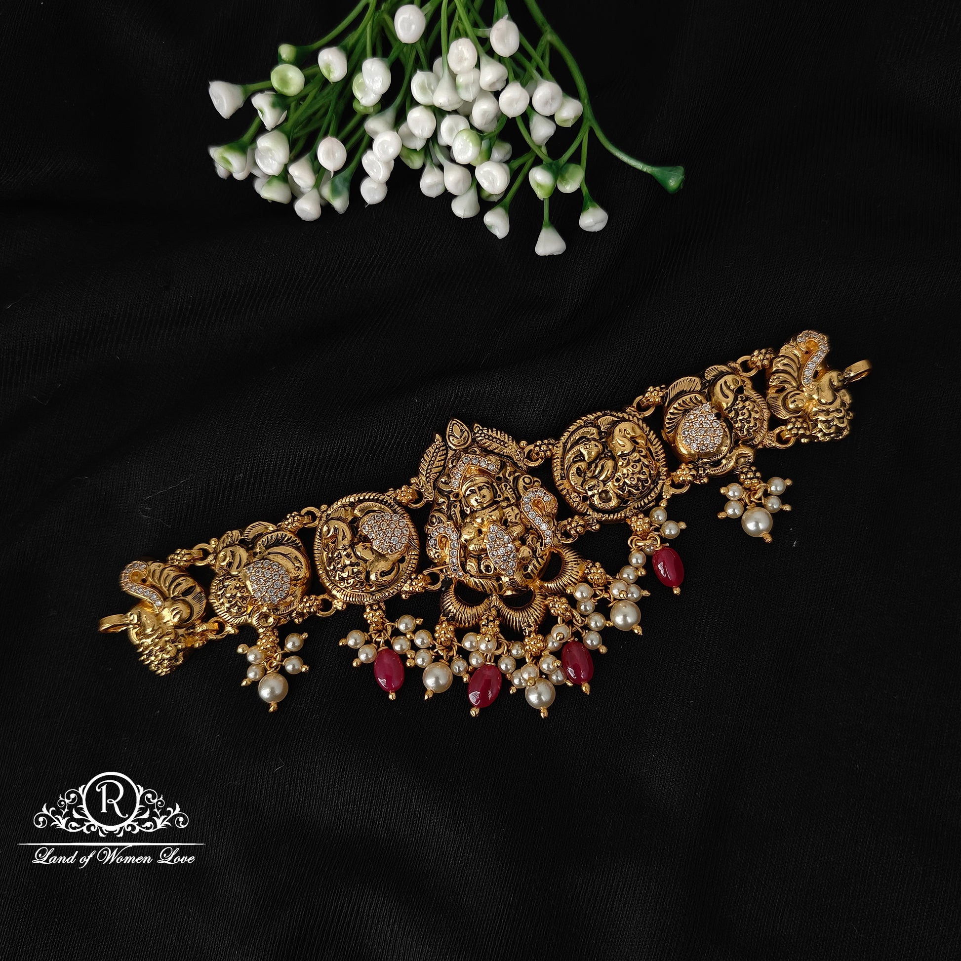 92.5 silver peacocks and lakshmi devi design cz's chocker-rcm307 ruby 92.5 silver ramala jewelry / ramala collections