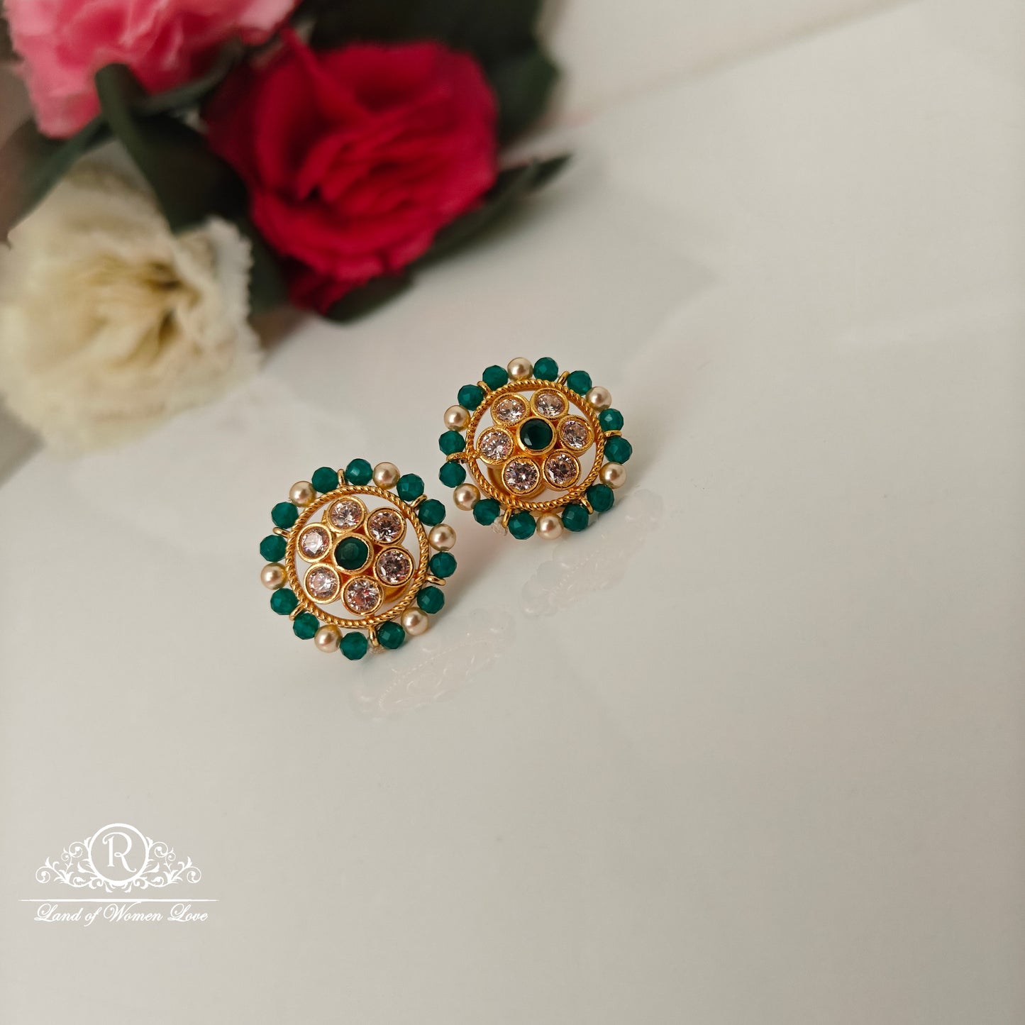 earrings 92.5 silver simple and cute earrings with green beads and pearls -rcjr902 92.5 silver ramala jewelry / ramala collections