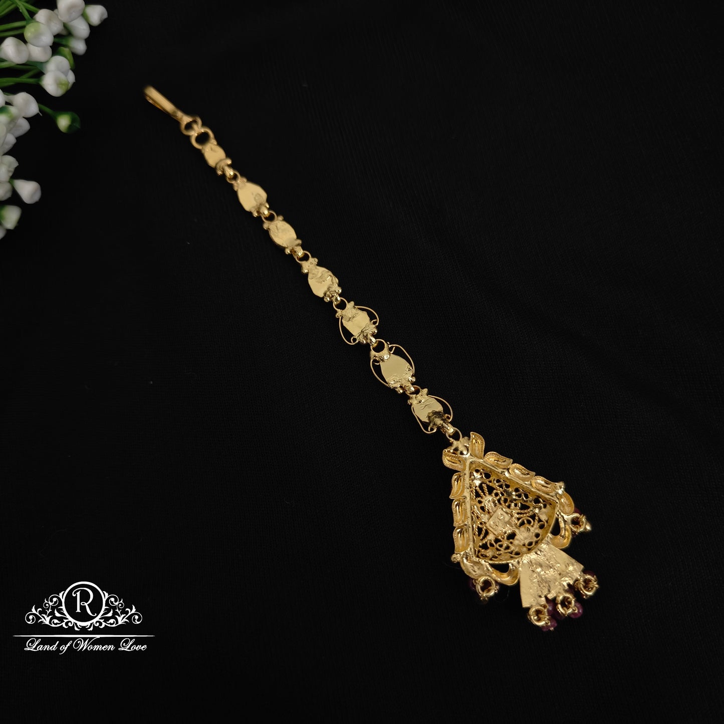 92.5 silver simple and Cute tikka with ruby stones and hangings -RCHK0164