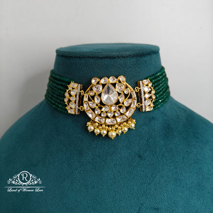 92.5 Silver Polki Green beads Chocker-RCSJ004